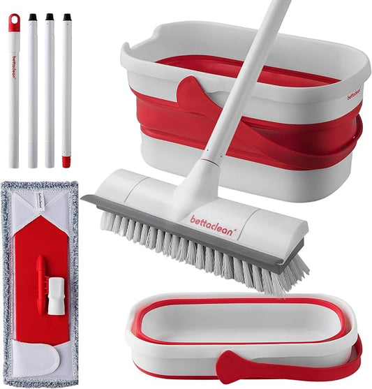 Outdoor Mop and Bucket Set with Scrub Brush for Concrete, Patio, Deck | Collapsible bucket saves space. Heavy duty scrub mop. Adjustable handle. Indoor or outdoor. Hardwood, Tile, Garage, RV