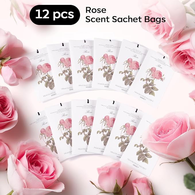 MYARO 12 Pack Rose Scented Sachets, Closet Deodorizer Car Air Freshener | Long-Lasting Sachet Bag, Odor Eliminator for Closet, Drawer, Bathroom, Clothes, Fabric Refresher, Home Fragrance Gift Set