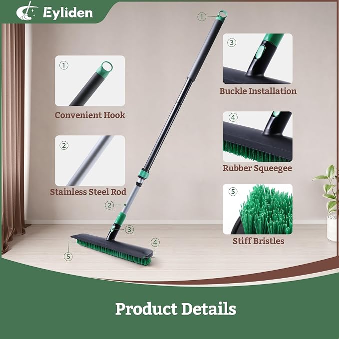 Eyliden Floor Scrub Brush, 15-inch Wide, 55" Long Handle, Deck Scrubber | 2-in-1 Stiff Bristles and Rubber Squeegee, 45° Angle Head, Telescoping Handle, for Bathroom Shower Kitchen Patio Garage