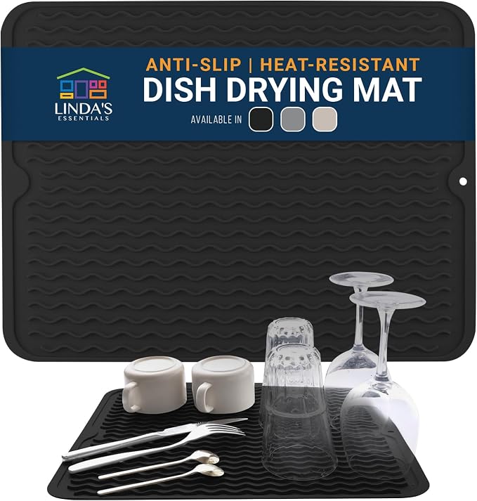 Silicone Dish Drying Mat for Kitchen Counter - Multi-Use 16 x 12 Inch Pad, Non-Slip & Heat-Resistant, Perfect Dish Drainer Mat by Linda’s Essentials, Ideal Kitchen Accessory (Black)