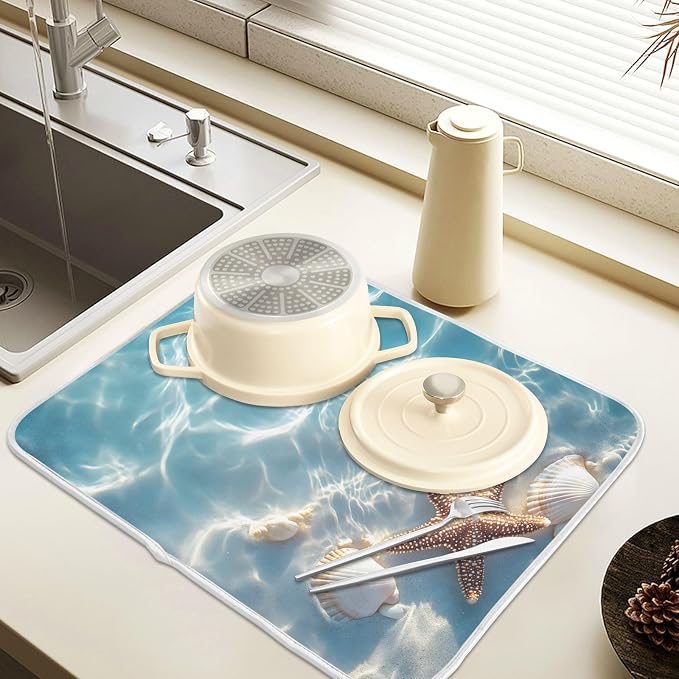 Starfish and Seashell on The Summer Beach Dish Drying Mat for Kitchen Counter Absorbent Microfiber Small Drying Pad Dish Mats for Kitchen Countertops 16 x 18 Inch