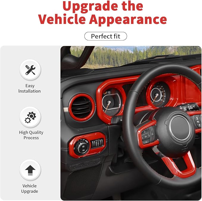 21PCS Full Set Interior Trim Kit for 2024-2026+ Jeep Wrangler JL JLU & Jeep Gladiator JT, Dashboard Side Outlet Door Handle Bowl Headlight Switch Roof Reading Light Cover (Red)