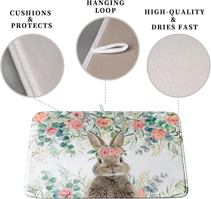 Easter Rabbit Dish Drying Mats for Kitchen Counter Easter Spring Watercolor Floral Bunny Absorbent Dish Drying Mat 18x24 Inch Absorbent Reversible Reusable Washable Dishes Drainer Mats