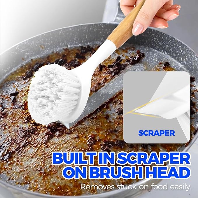 Holikme 3 Pack Dish Brush Set with Bamboo Handle, Kitchen Cleaner for Cleaning Pasta Plate, Salad Bowl, Scrubber with Soft Bristles, White