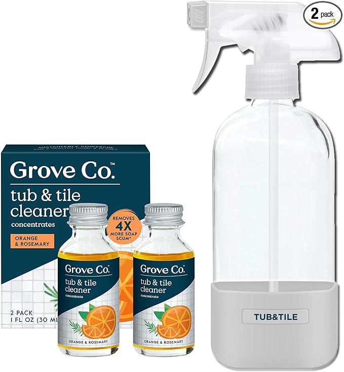 Grove Co. Tub & Tile Cleaner Concentrate + 16 oz Glass Spray Bottle | Orange & Rosemary; 2 x 1 fl oz Refills + Glass Bottle; Removes Soap Scum; No Plastic Waste; Plant-Based; No Harsh Chemicals