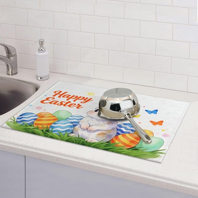 Easter Bunny Dish Drying Mat, for Kitchen Counter Microfiber Absorbent Easter Eggs Dish Draining Reusable Washable Extra Large 18"x24"