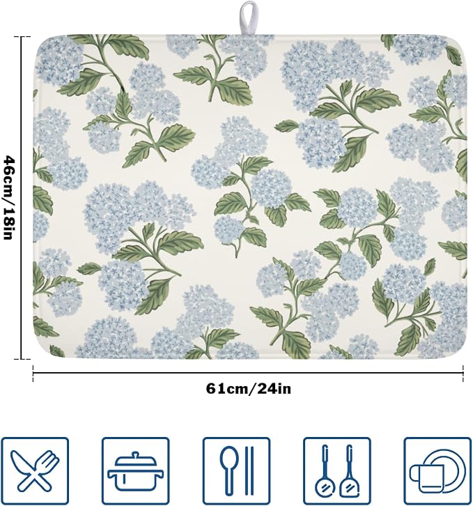 Blue Hydrangea Floral Dish Drying Mat for Kitchen Counter Spring Summer Vintage Flower Microfiber Dish Drainer Mat Rustic Farmhouse Absorbent Washable Drying Pad Extra Large 18"x24"