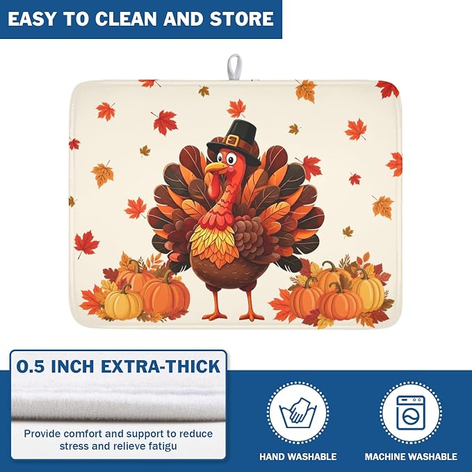 Thanksgiving Dish Drying Mat for Kitchen Counter Autumn Harvest Turkey Pumpkin Maple Leaves Microfiber Dish Drainer Mat Rustic Fall Holiday Absorbent Washable Drying Pad 18"x24"