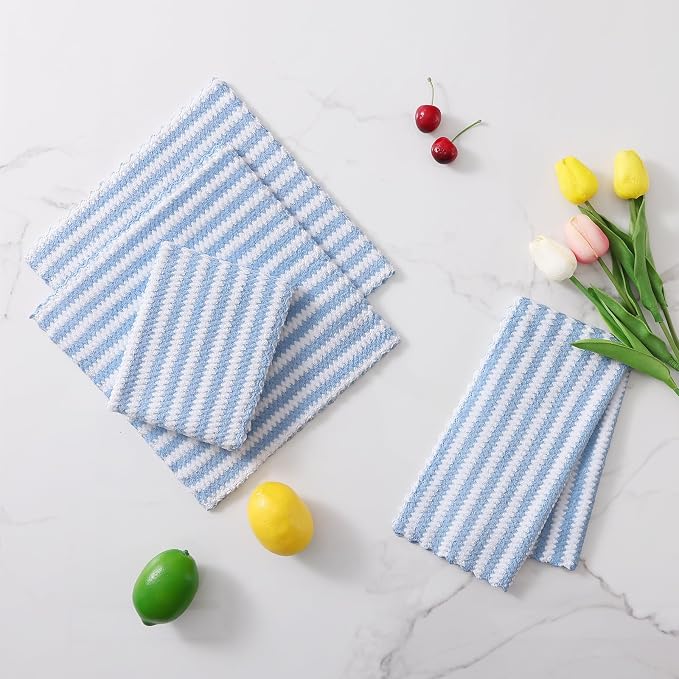 Homaxy 12 Pack Kitchen Dish Cloths, Ultra Soft and Absorbent Dish Towels, Reusable Fast Drying Microfiber Cleaning Cloth, Coral Velvet Wave Design No-lint, 10 x 10 inches, Blue