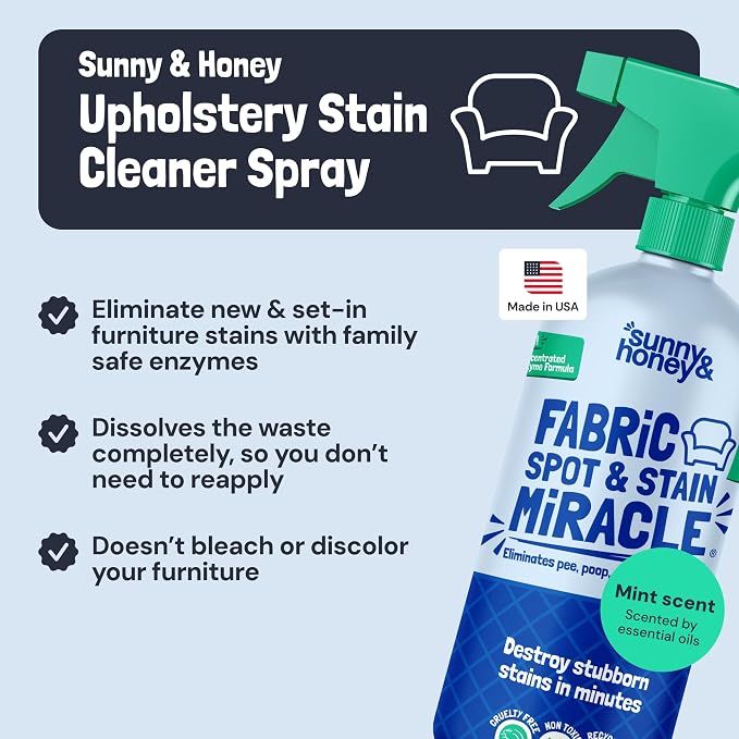 Sunny & Honey Upholstery Cleaner Spray for Furniture & Fabrics, 32floz Mint | Made in the USA - Enzymatic Mattress, Fabric, Upholstery and Couch Cleaner - Color Safe - Removes Old and New Stains