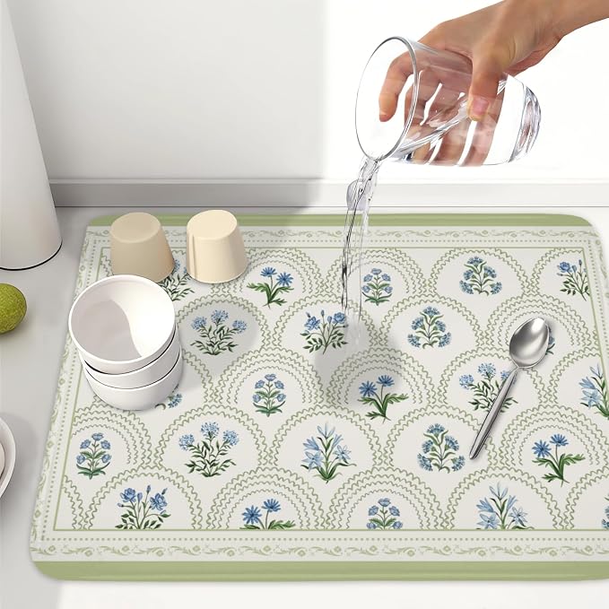 Blue Floral Print Green Stripe Dish Drying Mat 18x24 Inch | Rustic，Polyester，Absorbent Microfiber，for Kitchen Coffee Dining Bar Decor