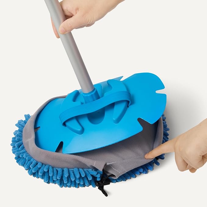 Amazon Basics Car Wash Brush with Long Handle, Scratch-Free Microfiber Mop Mitt, Swivel Head, Detachable Head, Extends to 62 inches with 4 Poles, for Car RV Truck, Blue