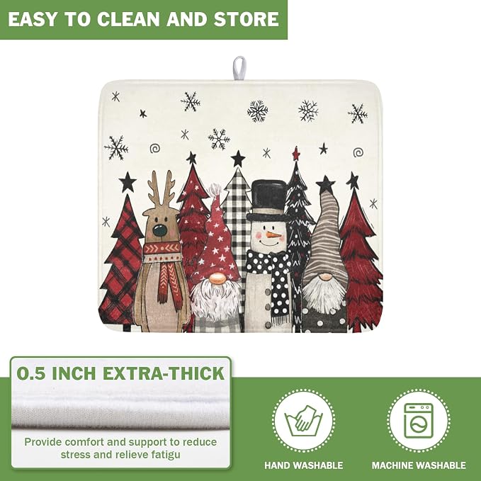 Giwawa Winter Snowman Gnome Dish Drying Mat Xmas Tree Dishes Pad 16"x18" Microfiber Fast Dry Dish Drainer Rack Mats Kitchen Countertop Accessories