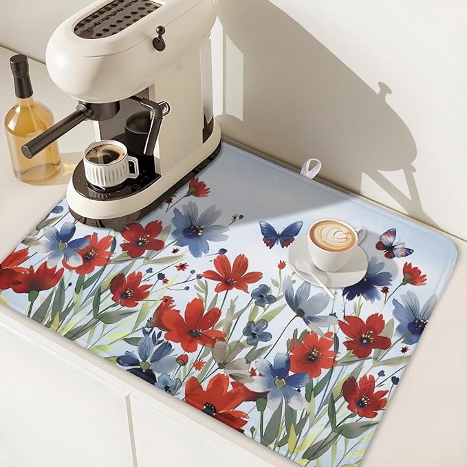 4th of July Dish Drying Mat for Kitchen Counter 18 x 24 Inch Patriotic Floral Dish Drainer Mat Absorbent Microfiber Independece Day Dish Rack Pad for Coffee Dining Bar Decor