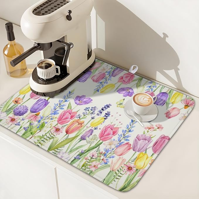 Spring Floral Dish Drying Mat for Kitchen Counter Easter Tulip Lavender Flower Microfiber Dish Drainer Mat Rustic Farmhouse Absorbent Washable Drying Pad 16"x18"