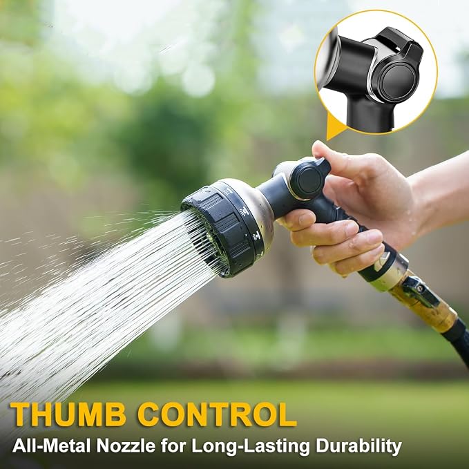 FANHAO Heavy Duty Garden Hose Nozzle, 100% Metal Water Hose Sprayer with 10 Spray Patterns, High Pressure Thumb Control On/Off Valve Water Nozzle for Plants Watering, Car & Pet Washing