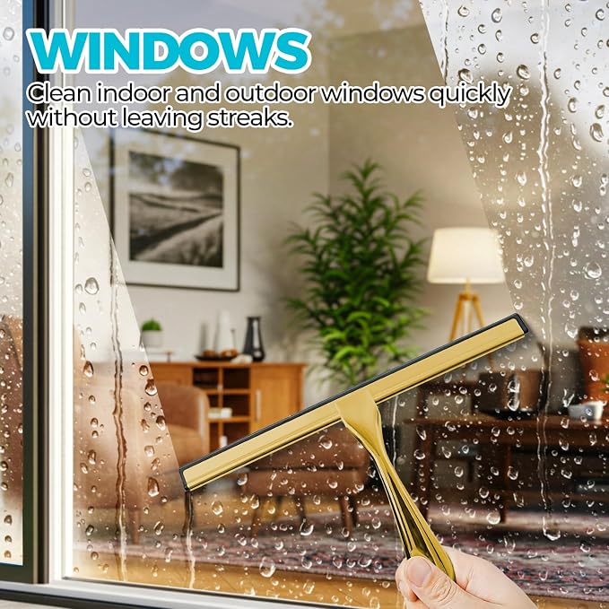 ALFLOD 12" Shower Squeegee for Glass Doors, Tile Walls, Car Windows, Gold | Bathroom accessories, new home essentials, silicone blade, metal handle, adhesive hook, household tool, multipurpose cleaner