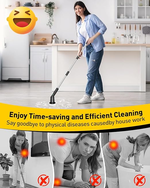 Electric Spin Scrubber for Cleaning Bathroom, Shower Scrubber with IPX7 Waterproof & 2 Speed, 3 Brush Heads, Abrasive Flat End Brushes, Bathroom Cleaning Supplies for Toilet Shower Tub Black
