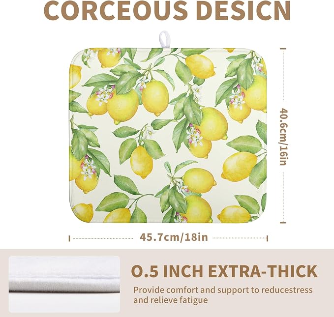 Lemon Kitchen Dish Drying Mat 16×18 Inch Summer Yellow Green Lemon Drying Mat Watercolor Microfiber Dish Drainer Rack Mat Washable Absorbent Dish Pad