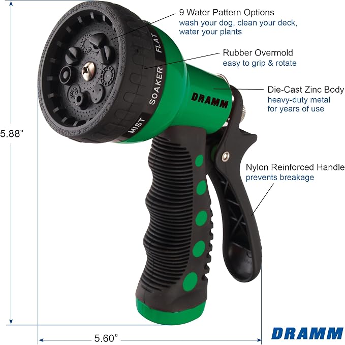 Dramm Revolver Heavy Duty Metal Garden Hose Nozzle – 9 Spray Patterns, High Pressure Jet, Thumb-Control Flow, Ergonomic Grip – Green