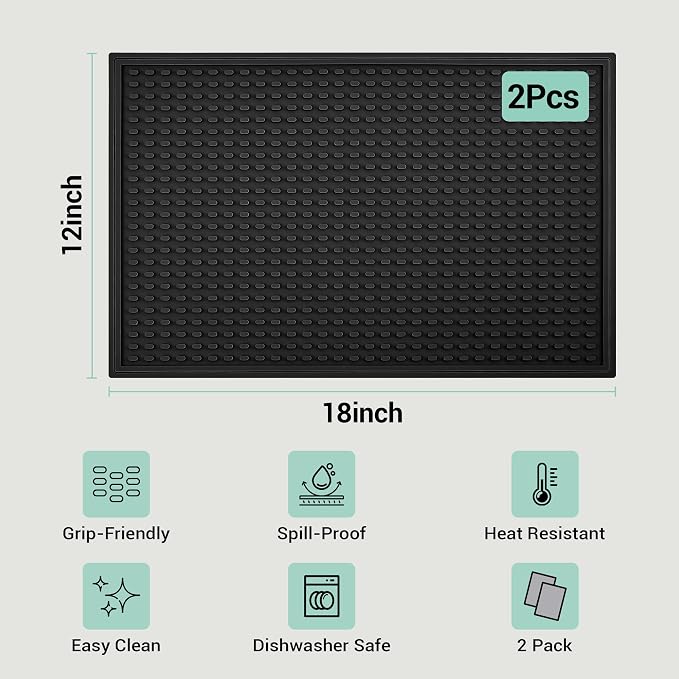 Rubber Bar Mat for Counter, Black 2 Pack 12"x18" grip-friendly Coffee Bar Mat, Heat Resistant & Spill-proof Countertop Protector Mat for Kitchen, Home Bar, Coffee Station, Easy Clean Dish Drying Mat