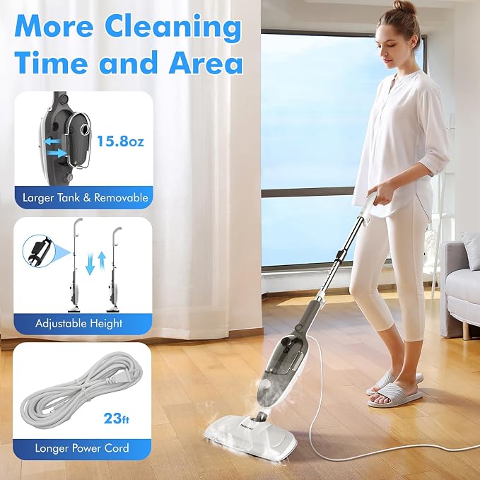 Steam Mop - All-in-one Powerful Handheld Steam Cleaner Detachable Floor Steamer with 11 Accessories, MultiPurpose Steamer for Hardwood Floors, Clothes,Windows,Tiles,Carpet, Whole Home Use(Grey）