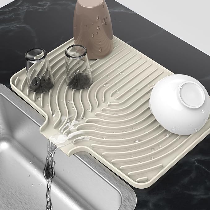 Dish Drying Mat for Kitchen Counter, 18"x12" Dish Drying Rack(cream) | Various Sizes & Colors,Steep-Slope Built in Drain,High-fin Ventilation,Food-grade Silicone,500F heat resistant,for Flat sinks