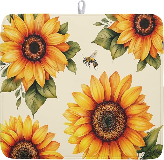 Sunflower Dish Drying Mat 16x18 Inch Absorbent Reversible Summer Drying Mat Sunflower Bee Dish Drying Rack Mat Yellow Summer Themed Dish Drainer Mat for Kitchen Counter Coffee Bar