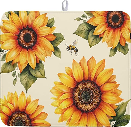 Sunflower Dish Drying Mat 16x18 Inch Absorbent Reversible Summer Drying Mat Sunflower Bee Dish Drying Rack Mat Yellow Summer Themed Dish Drainer Mat for Kitchen Counter Coffee Bar