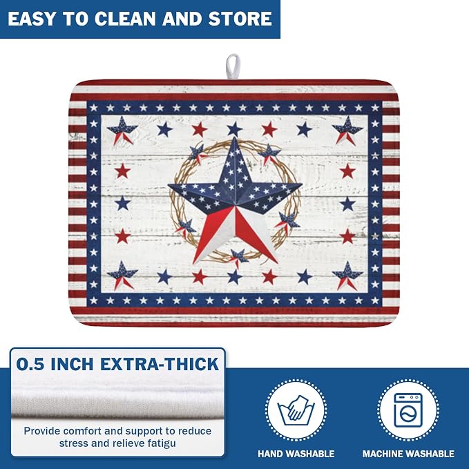4th of July Patriotic Dish Drying Mat for Kitchen Counter Vintage Red and Blue Star Microfiber Dish Drainer Mat Country Absorbent Washable Drying Pad Extra Large 18"x24"