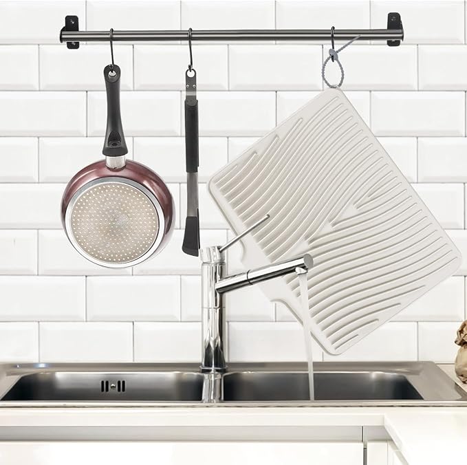 TIKNIK Silicone Dish Drying Mat for Kitchen Counter, Dish Drying Pad, Non-Slip Drain Pad with Built-in Drain, Heat Resistant Stone Drying Mat(16" x 12", Cream)