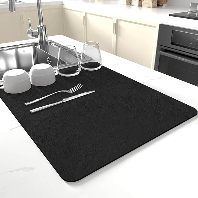 Dish Drying Mat for Kitchen Counter,Drying Mat for Dish Rack,Absorbent Hide Stain Rubber Mat,Coffee Mat, Kitchen Counter Mat (Black, 17"x31.5")