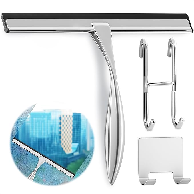 Shower Door Squeegee with Hook, 14" Silicone Blade, Steel (Silver) | Squeegee for Shower Glass with Adhesive Mount; All-Purpose Bathroom Tile, Mirror, & Window Wiper for Streak-Free Cleaning