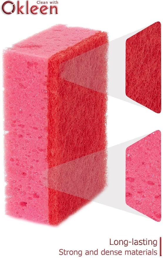 Pink Multi Use Scrub Sponges. Made in Europe. 18 Pack, 4.3x2.8x1.4 inches. Odorless Heavy Duty & Non Scratch Fiber. Durable and Delicate Scrubber for Kitchen & Bathroom, Housekeeping & Outdoors