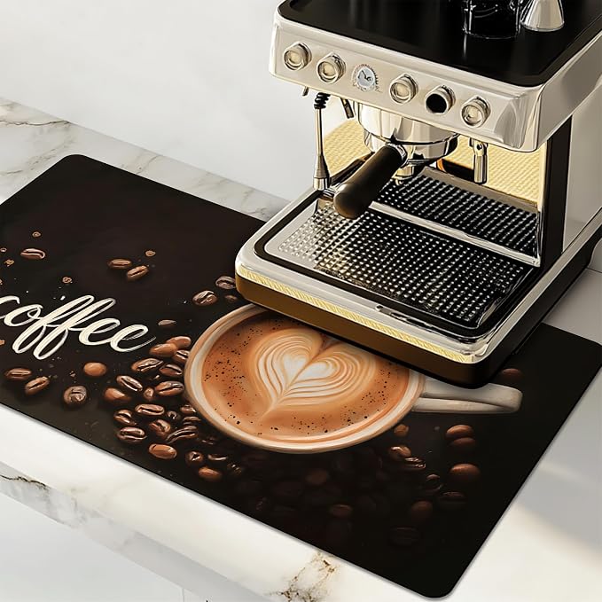 Dish Drying Mat Large Coffee Mat Absorbent Drying Mat for Kitchen Counter Coffee Bar Accessories 32"x 17", Coffee and Beans 1