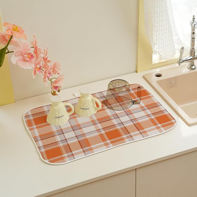 Fall Dish Drying Mat 18x24 Inch Burnt Orange Buffalo Plaid Drying Mat Autumn Checkered Harvest Thanksgiving Holiday Absorbent Dish Drying Pad Dish Rack Drainer Mats for Kitchen Dining Counter