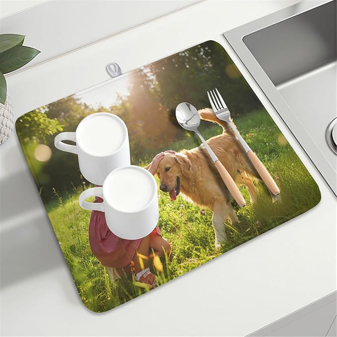 Customized Personalized Dish Drying Mat for Kitchen Counter Custom Any Photo Image Logo Text Microfiber Dish Drainer Mat Absorbent Washable Drying Pad 16"x18"