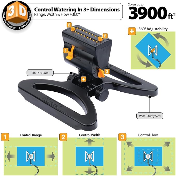 Melnor 65003-AMZ Mini Oscillating Sprinkler with Product Adapter Watering Set, On Base, Black, Yellow