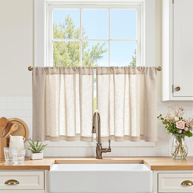 jinchan Linen Kitchen Tier Curtains, 38x24, 2 Panels, Natural | Light filtering, linen blend, rod pocket, farmhouse style, rustic decor, kitchen, bathroom, laundry room, RV, small windows