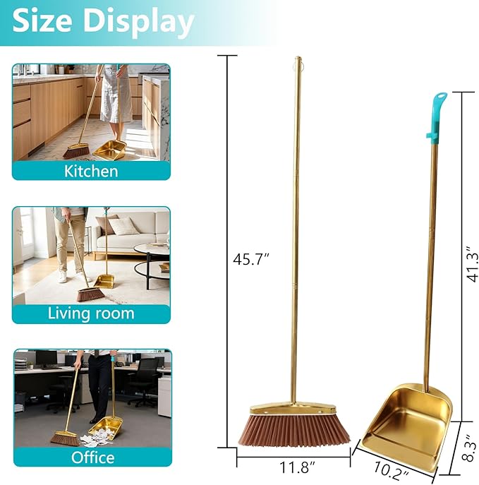 Gold Broom and Dustpan Set, Minimalist Upright Sweeper with Long Handle, Heavy Duty Stainless Steel Metal Dust Pan Combo for Home, Kitchen, Office and Indoor Outdoor Use (Gold Basic)