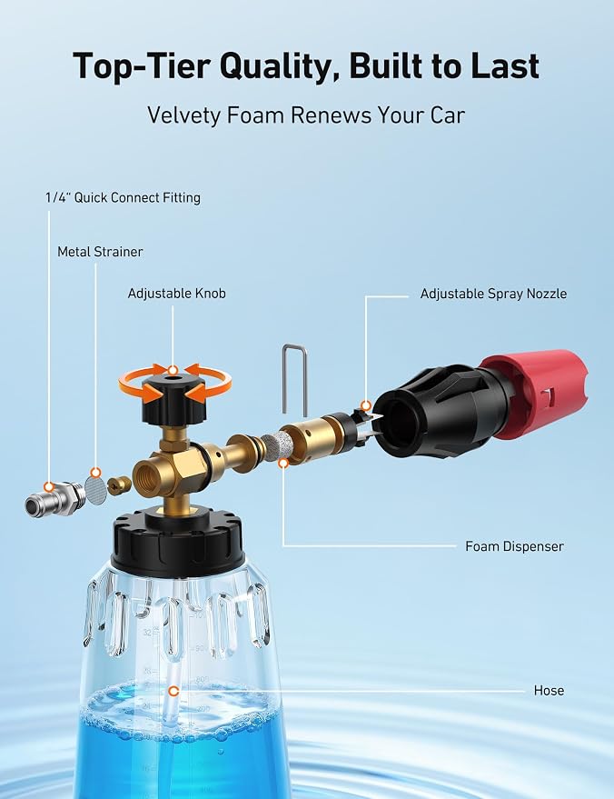 AstroAI Foam Cannon for Pressure Washer with 1/4" Quick Connect Plug, 1 L | Thick Foam, Car Wash, Heavy Duty Snow Clear Bottle, Wide Neck, Adjustable, Quick Connect, for Various Cleaning Tasks, Brass