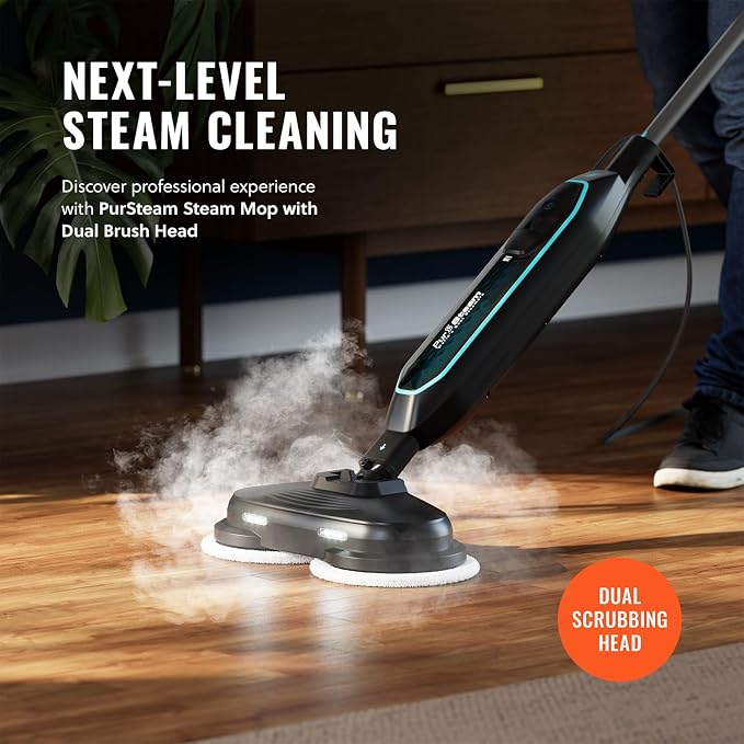 PurSteam ScrubMaster Steam Mop with Dual Scrubbing Head and LED Lights | Dual Scrubbing Head | LED Headlights | Adjustable Steam Control | Anti-Slip Swivel Head | Cable Holder | Upright Lock