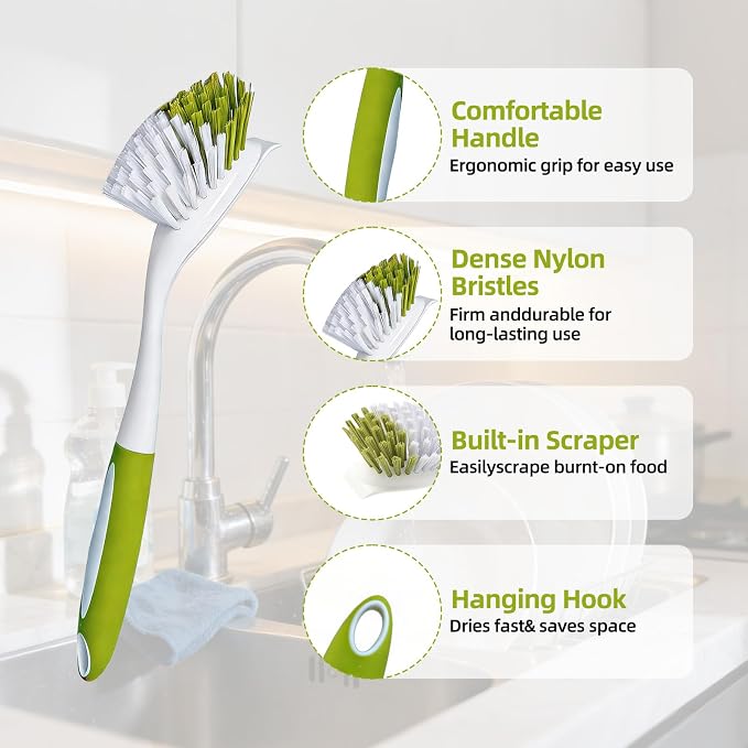 Dish Brush Scrub Brush with Handle - 3 Pack Stiff Bristles Dish Scrubber for Cleaning Dishes, Pots, Pans, Sink, Cast Iron - Hard Bristles,No Residue