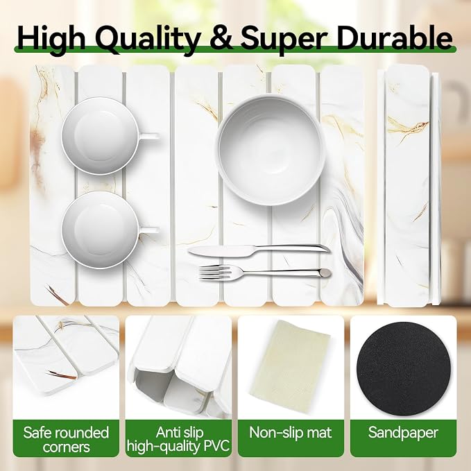 Large Stone Drying Mat for Kitchen Counter, 16"x12" Collapsible Diatomaceous Earth Drying Mat, Instant Absorbent Dish Drying Pad, Stone Drying Rack Space Saver Drying Board for Kitchen Sink, White