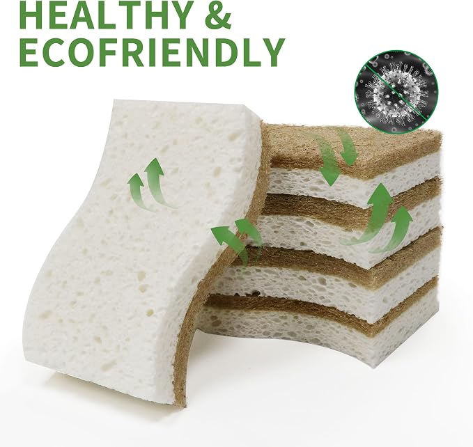 16 Pack Biodegradable Natural Kitchen Sponge - Compostable Cellulose and Coconut Walnut Scrubber Sponge - Eco Friendly Sustainable Sponges for Dishes