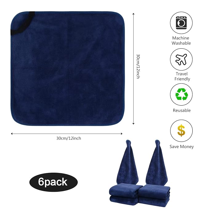 SINLAND Microfiber Facial Cloths Fast Drying Washcloth 12inch x 12inch (6pack, Navy Blue)