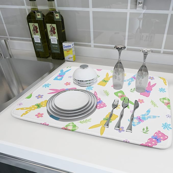Easter Dish Drying Mat for Kitchen Counter Cute Bunny Floral Holiday Microfiber Absorbent Dish Draining Reusable Washable Foldable Extra Large 18"x24"