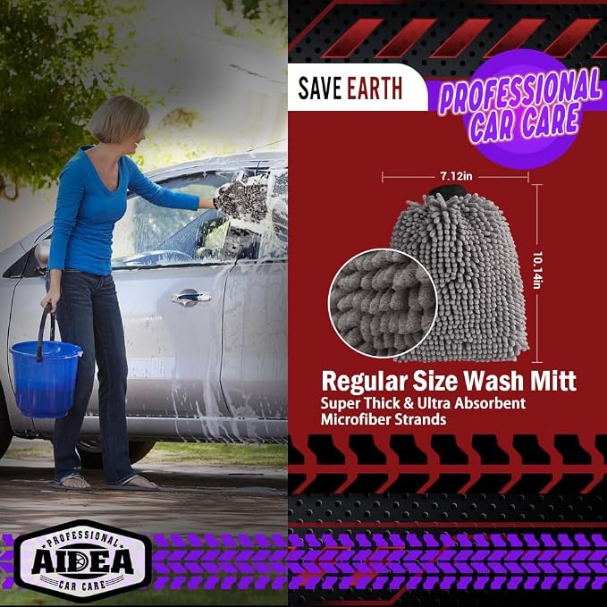 AIDEA Car Wash Mitt Microfiber, 2PK, Car Wash Brush, Grey, 7.12''X10.14'' | Scratch Free Lint Free Premium Chenille Microfiber Mitt, Cleaning Supplies, Regular Size