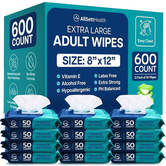 Body Wipes for Adults - XL Wet Wipes 8"x 12"(600 count) | Rinse Free Bathing - Wash Cloths for incontinence, Disposable Washcloths with Aloe Vera and Vitamin E - Camping, Elderly, Bathing