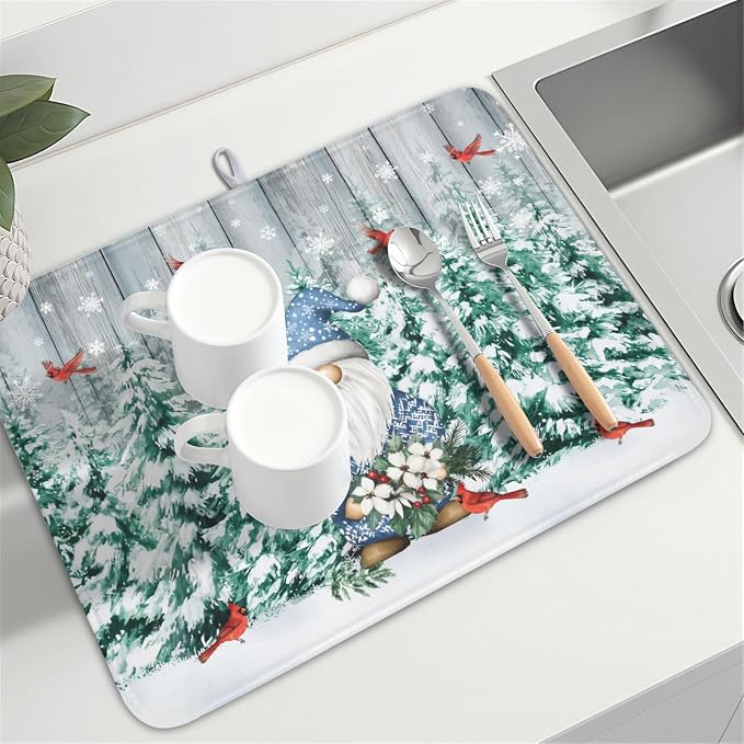 Giwawa Winter Gnome Dish Drying Mat Pine Tree Dishes Pad 18"x24" Microfiber Absorbent Fast Dry Drainer Rack Mats Protector for Kitchen Countertop